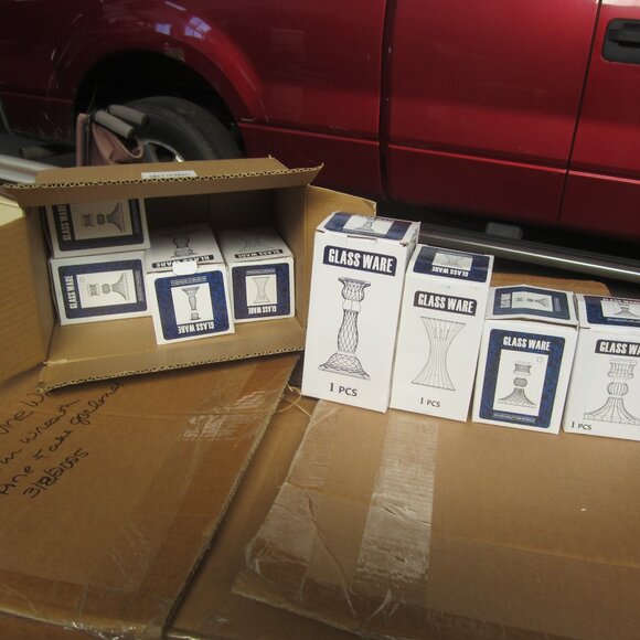 CLEAR GLASS CANDLE HOLDERS, FOR TAPERED CANDLES, SET OF 8 MIXED - Picture 2 of 3